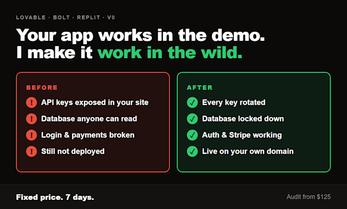 fix your broken lovable, bolt or replit app and get it live