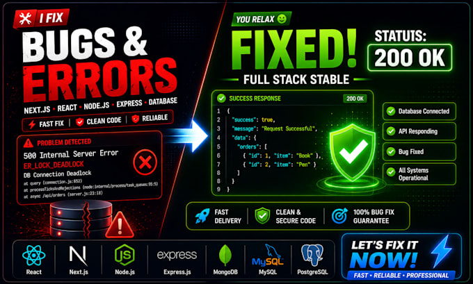 fix next js bug, react error, node js, express, and database issues