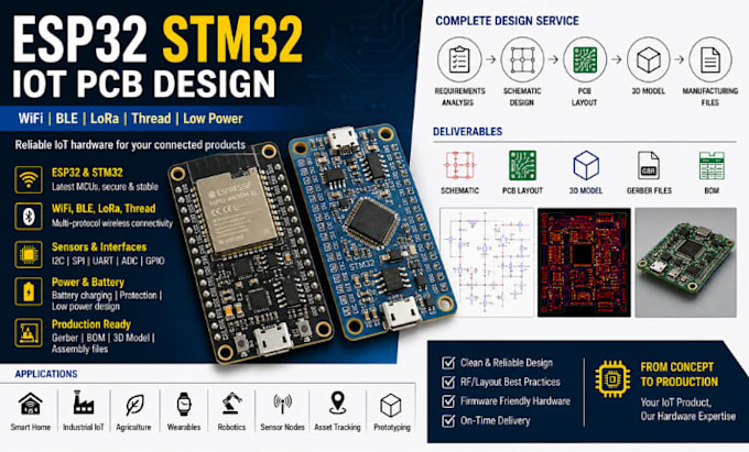 design custom esp32 stm32 iot pcb wifi ble lora thread rf hardware kicad altium