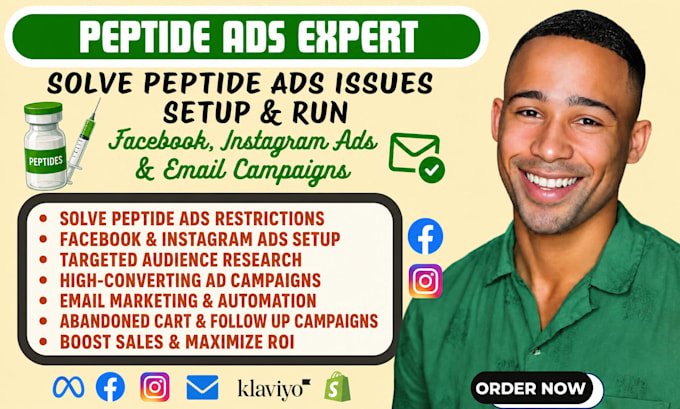 solve peptide ads issues, setup and run peptide fb ig ads, setup email campaigns