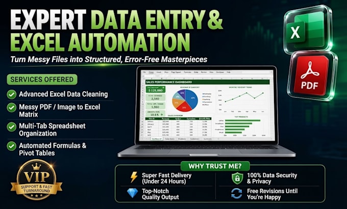 do expert data entry, excel automation and PDF to excel conversion