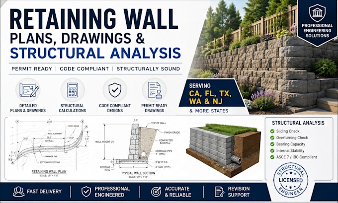 create retaining wall plans and structural analysis for ca fl tx wa nj