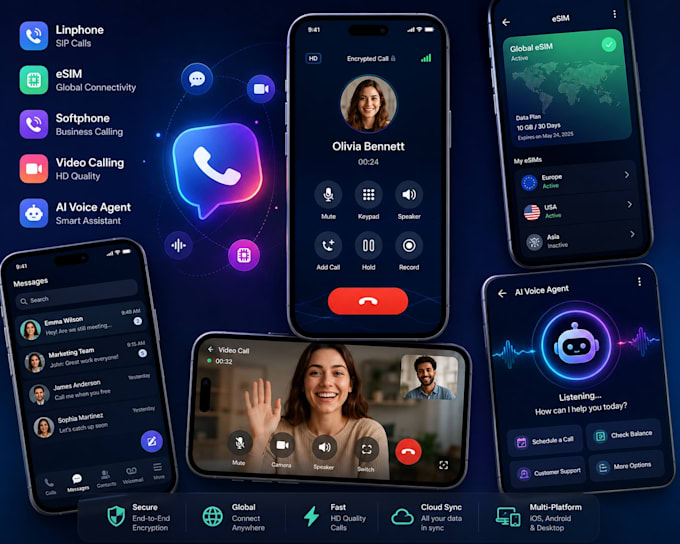develop linphone app, esim app, softphone app, video calling app, ai voice agent