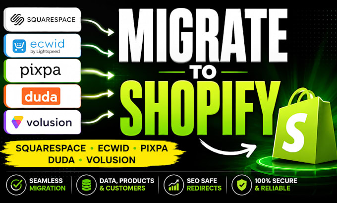 migrate squarespace ecwid pixpa duda volusion website to shopify store migration