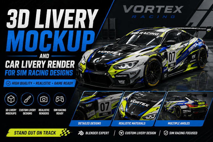 do 3d livery mockup and car livery render for sim racing designs