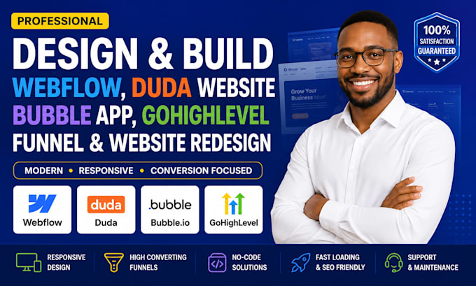 design webflow duda website build bubble app gohighlevel funnel website redesign