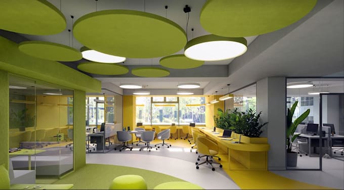 buildup biophilic commercial work space, zoned office layout, vray rendering