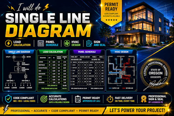 do single line diagram, load calculation, panel schedule, hvac, sign and seal