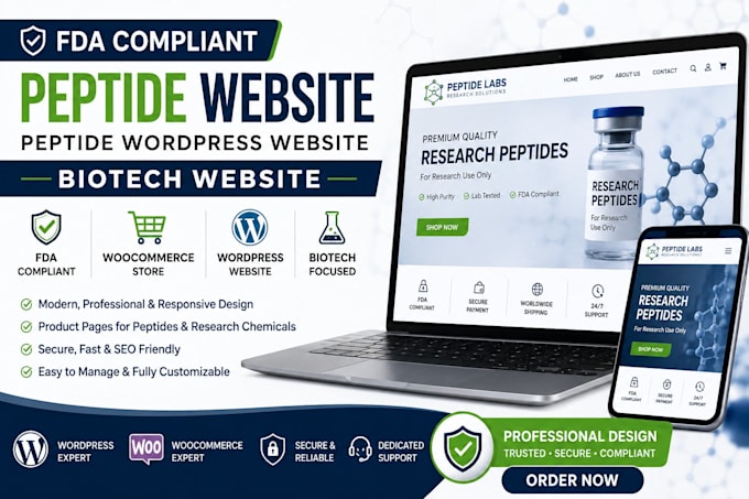 build peptide wordpress website, research peptide store and biotech website