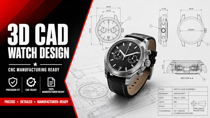 design 3d cad watch model, cnc design, prototype and technical drawing pdf