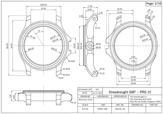 create professional watch technical drawings and cad designs for manufacturing