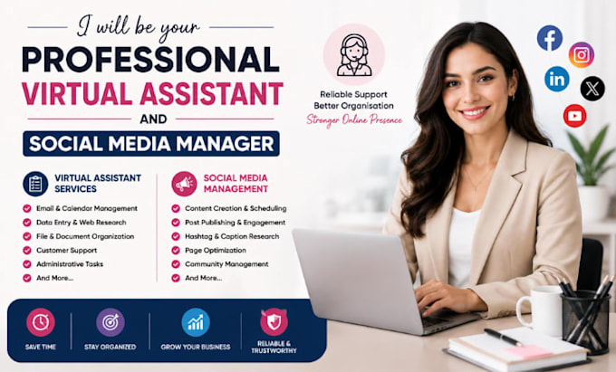 be your professional virtual assistant and social media manager for 24hrs
