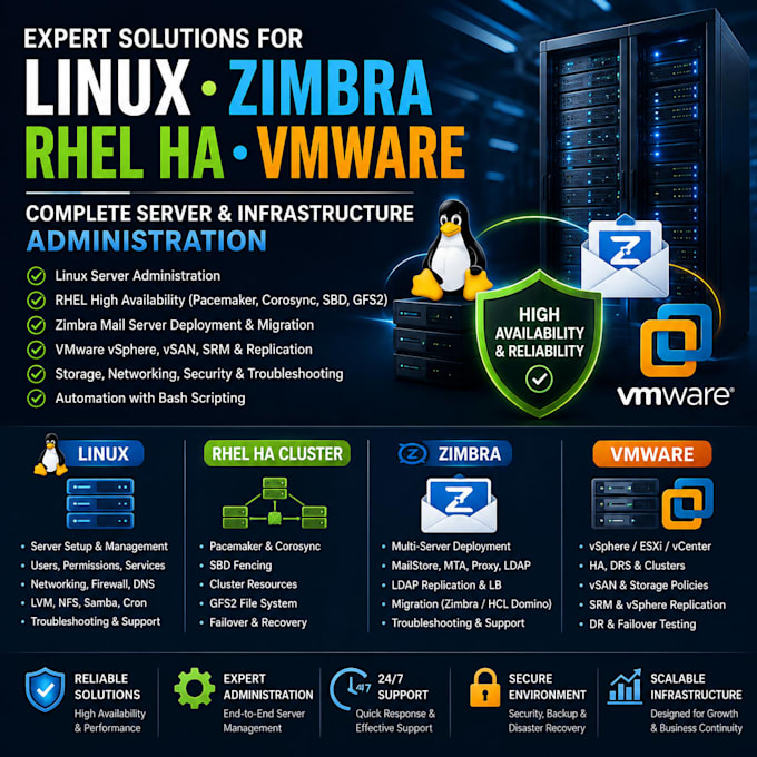 configure and fix linux servers, zimbra mail, rhel ha clusters and vmware