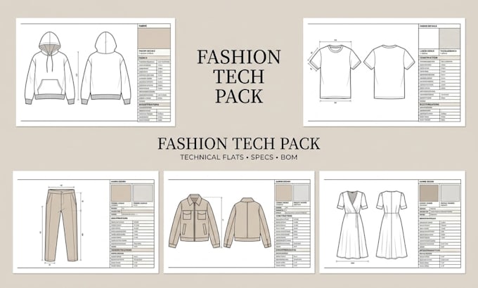 create fashion tech pack, clothing tech pack, technical flats and garment specs