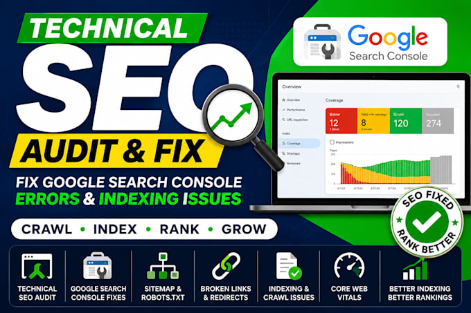 do technical SEO audit, fix google search console errors and indexing issues