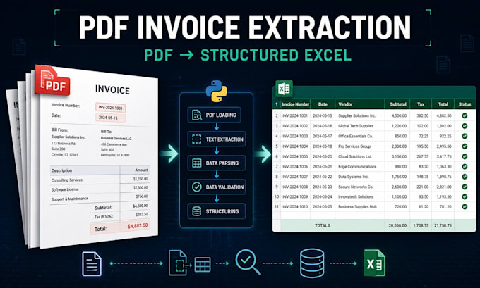 extract PDF invoice data into a clean excel spreadsheet
