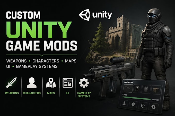 create custom unity game mods, weapons, characters, maps, UI and gameplay system