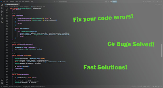fix bugs, and solve c sharp code issues in unity 2d