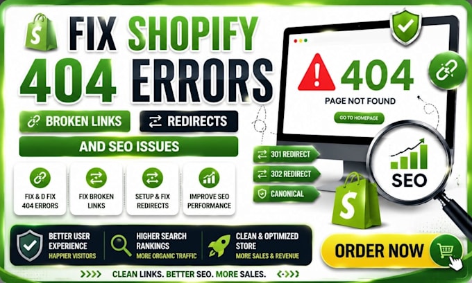 fix shopify broken pages, error 404, seo issues, broken links, shopify error 404