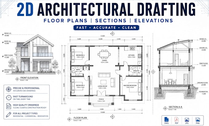 draft 2d architectural floor plans, sections and elevations in autocad