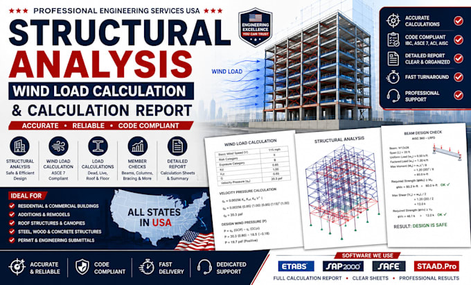 do structural analysis wind load calculation and calculation report in usa