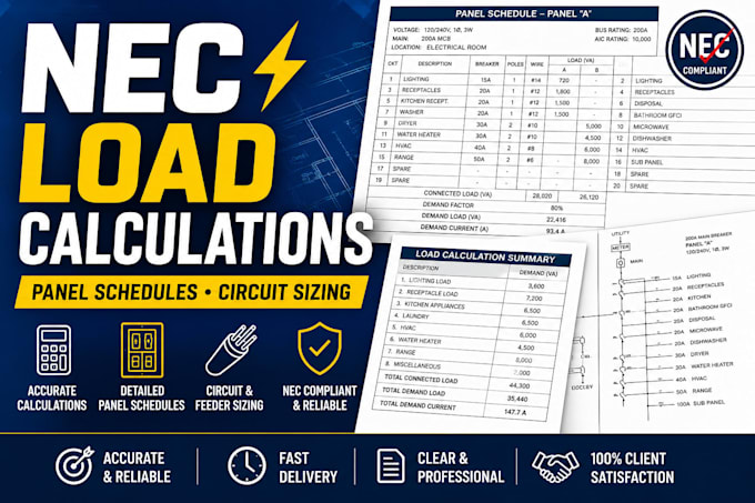 do nec electrical load calculations, panel schedules and circuit sizing