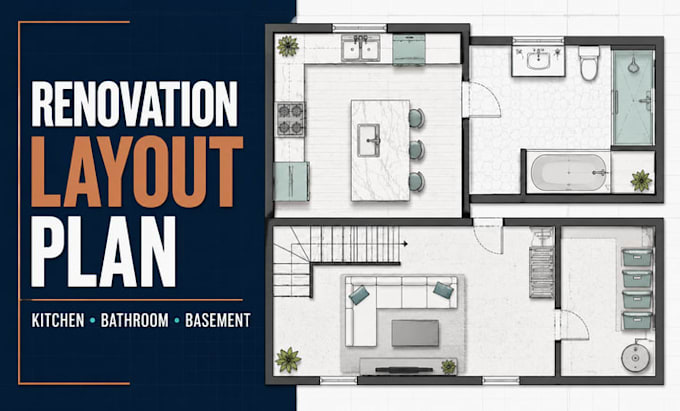 do kitchen, bathroom, basement renovation layout plan, cad 2d floor plan