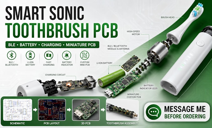 design sonic toothbrush pcb, brush head, battery indicator, ble connectivity