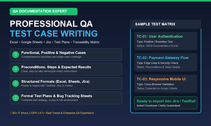 write professional QA test cases and test suites in excel or jira