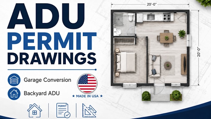 design adu permit drawing, garage conversion plan and backyard adu floor plan