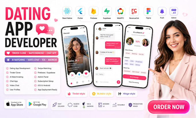 dating app tinder clone ai matchmaking video chat react native flutter firebase