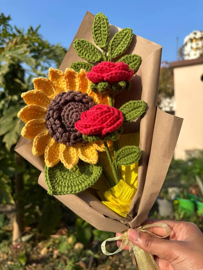 create a handmade crochet flower bouquet, rose and sunflower