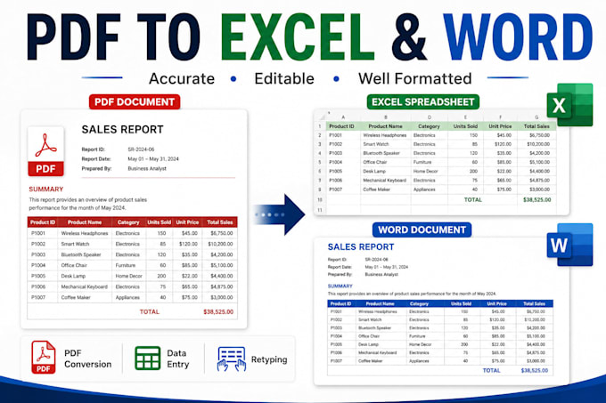 convert PDF to excel word and retype documents