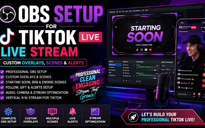 setup obs for tiktok live stream with custom overlays, scenes and alerts