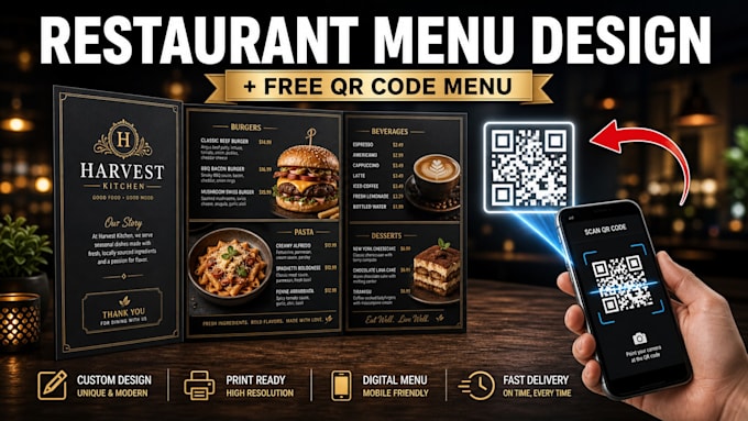 design restaurant menu, food menu and qr code menu in canva