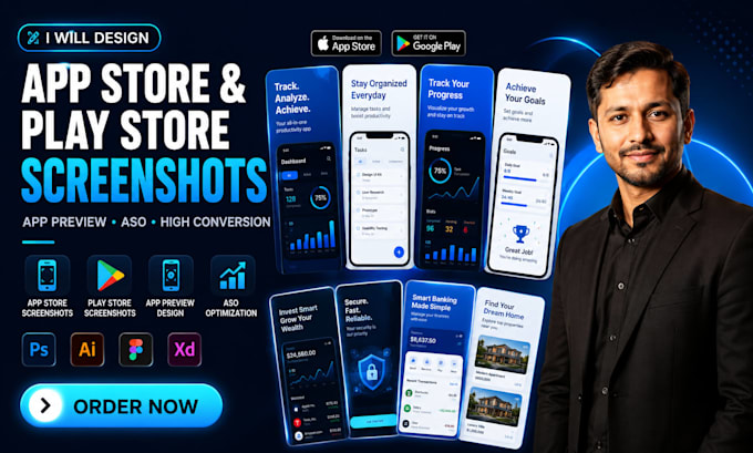 design app store screenshots, play store screenshots, app preview and aso