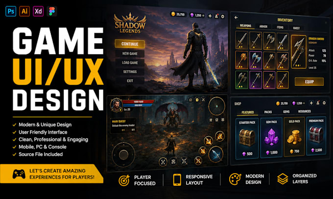 design sleek, responsive game ui ux for mobile, pc and console