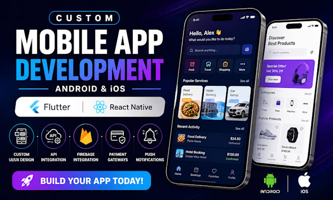 build a custom mobile app for android and ios using flutter or react native
