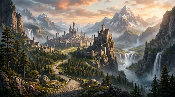 create fantasy sci fi cinematic game environment concept art and worldbuilding