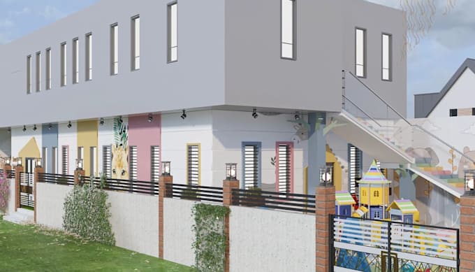 upscale 3d playschool facade, children play area,outdoor playground,revit render