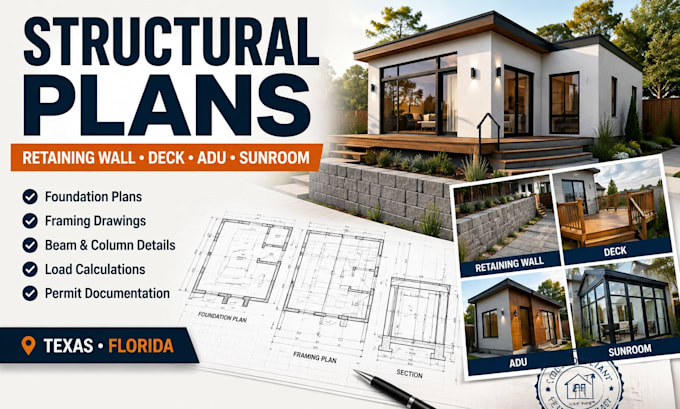design structural plans retaining wall deck adu sunroom permit texas florida