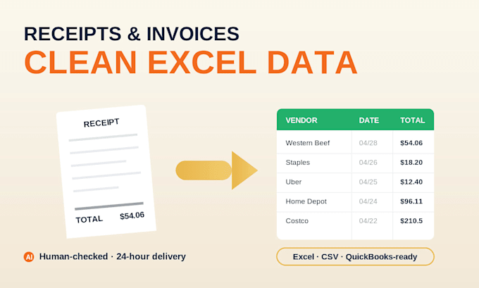 convert your receipts and invoices into excel or quickbooks CSV