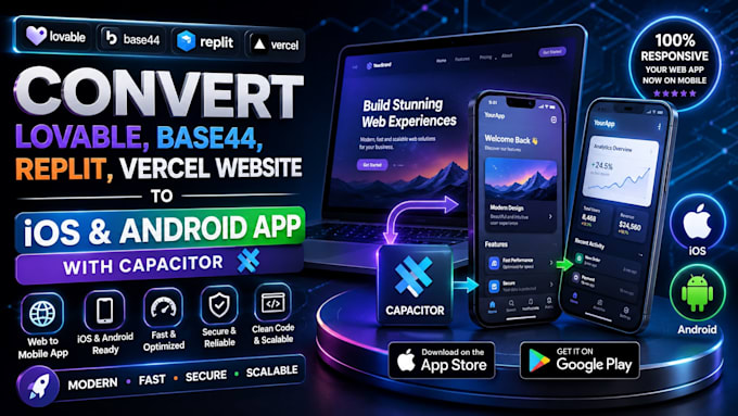 convert wrap lovable base44 replit vercel website to ios, android with capacitor