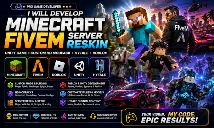 develop minecraft fivem server reskin unity game custom hd modpack hytale roblox