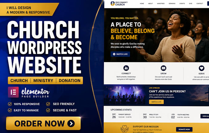 redesign responsive wordpress church webseite, ministry, donation with elementor