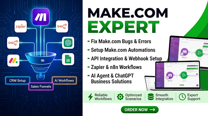 fix make com, made com, setup make com automation, made automation expert zapier