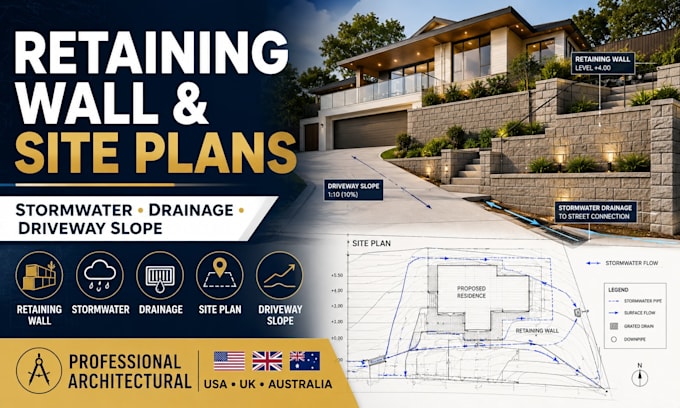 create retaining wall stormwater driveway slope drainage and site plans