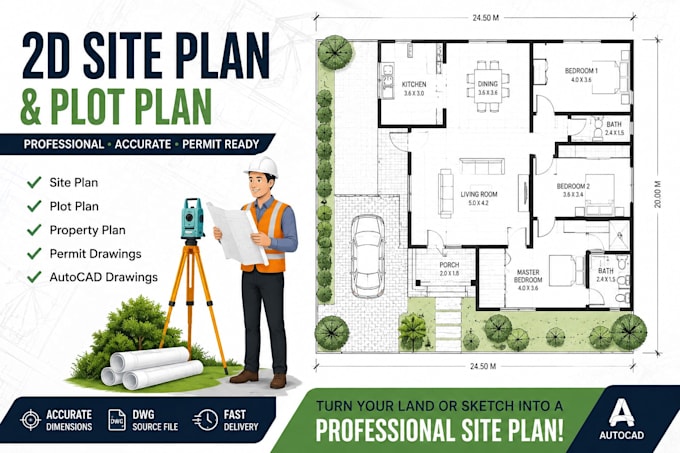 draw 2d site plan, grading plan, utility plan, plot and property plan in autocad