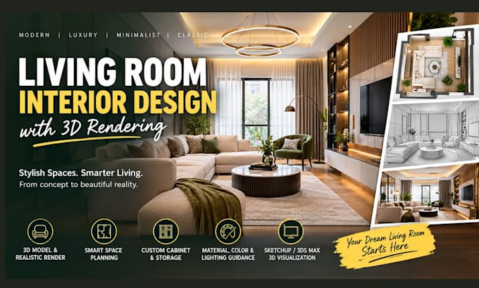do living room interior design with 3d rendering