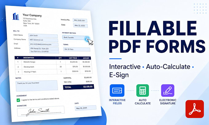 create interactive fillable PDF form with calculation and e signature in 5 hours